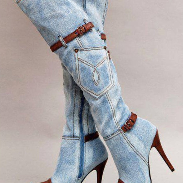 Plus Size Women's Denim Knee-High Boots with Stitching and High Heels