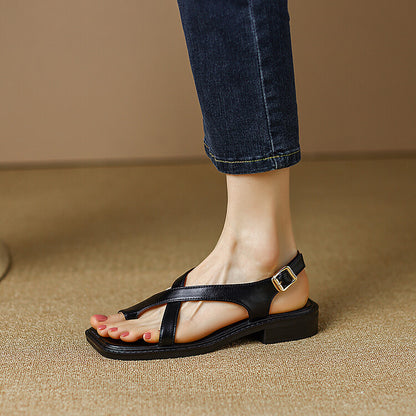 Women's Full Leather Buckle Shoes with Open Toe and Toe Covering - Casual and Fashionable