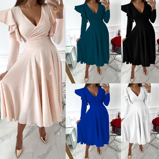 Long Sleeve V-neck Flounce Waist Dress Women's Clothing