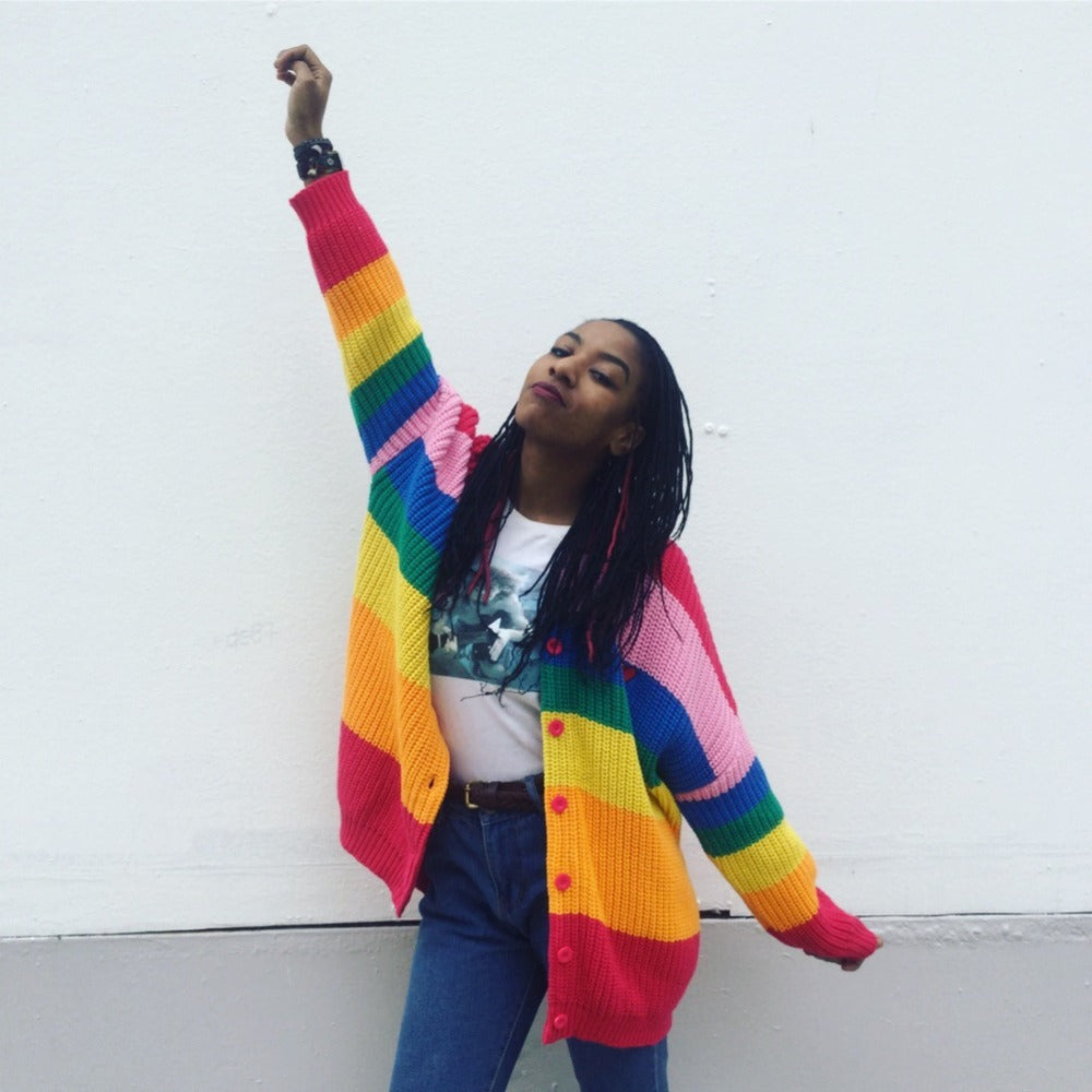 Rainbow striped alphabet sweater