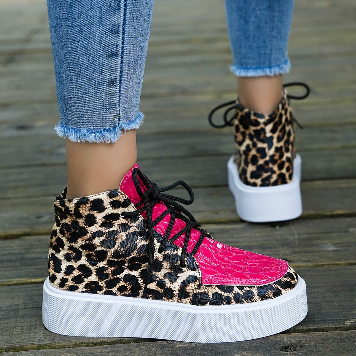 High-Top Leopard Print Flat-Heeled Platform Lace-Up Casual Shoes for Women