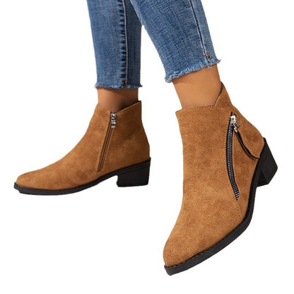 Women's Suede Chunky Heel Booties with Rubber Sole