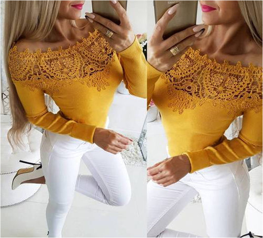 Slim-fit long-sleeve lace neckline T-shirt