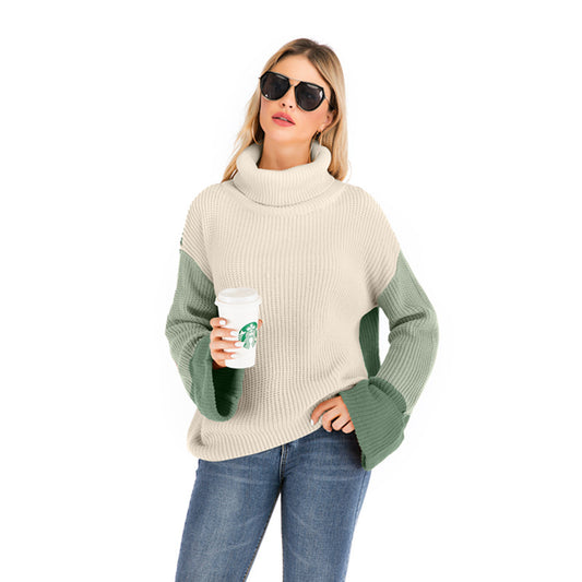 Stylish Women's Turtleneck Sweater with Tri-Color Matching - Trendy Addition to Your Wardrobe