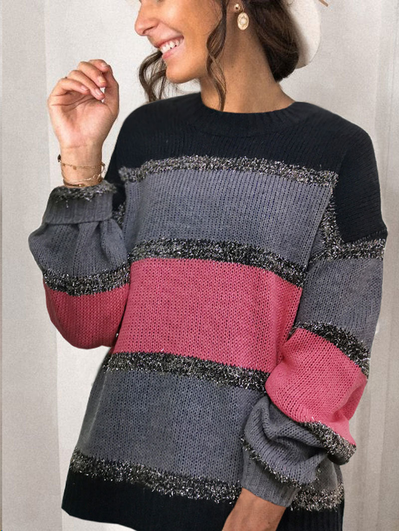 Colorful Women's Loose Sweater with Multicolor Stitching