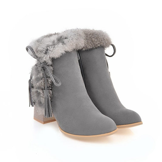 Lace-Up Chunky Heel Boots with Faux Rabbit Fur