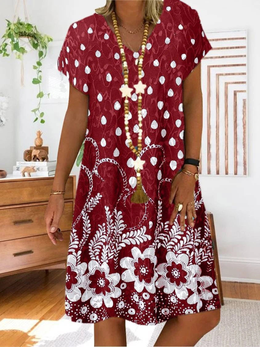 Flower print V-neck short sleeve dress