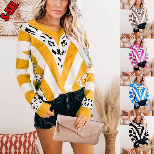 V-Neck Striped Leopard Print Sweater