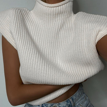High Neck Short Sleeve Women's Wool Knit Sweater - Sexy and Elegant Pure Color Sweater Top