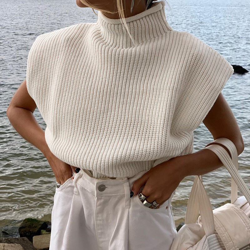 High Neck Short Sleeve Women's Wool Knit Sweater - Sexy and Elegant Pure Color Sweater Top