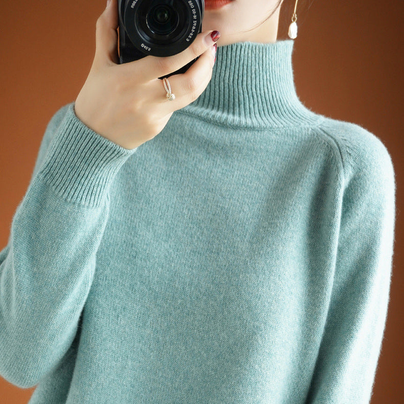 Women's Thick Loose Turtleneck Wool Sweater - Cozy Long Sleeve Pullover