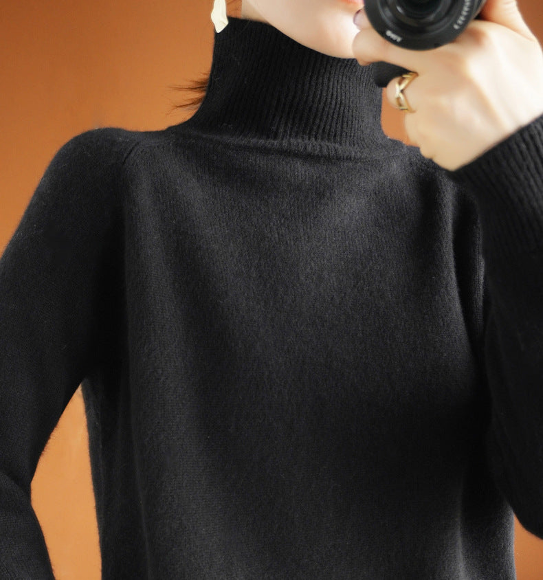 Women's Thick Loose Turtleneck Wool Sweater - Cozy Long Sleeve Pullover