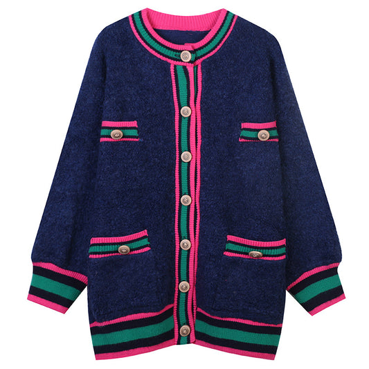 Long-sleeved Round Neck Striped Contrast Knit Cardigan Jacket