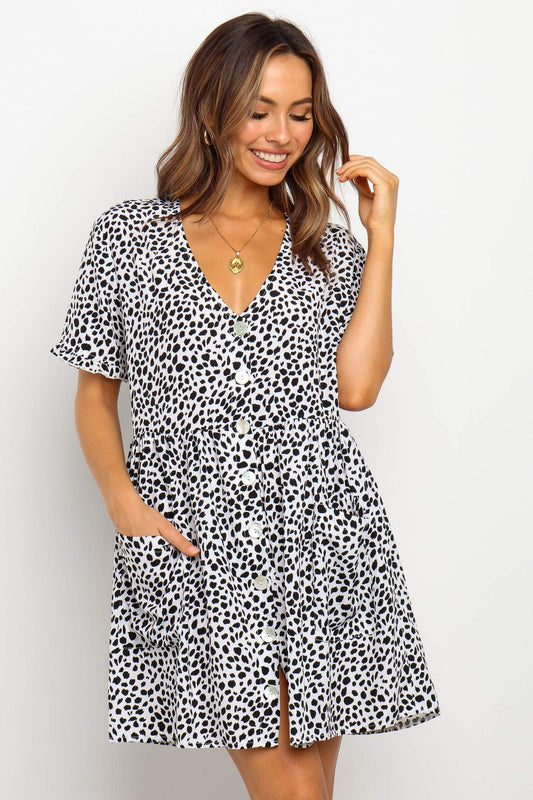 Short Sleeve Polka Dot Print Buttoned Pocket Dress Women