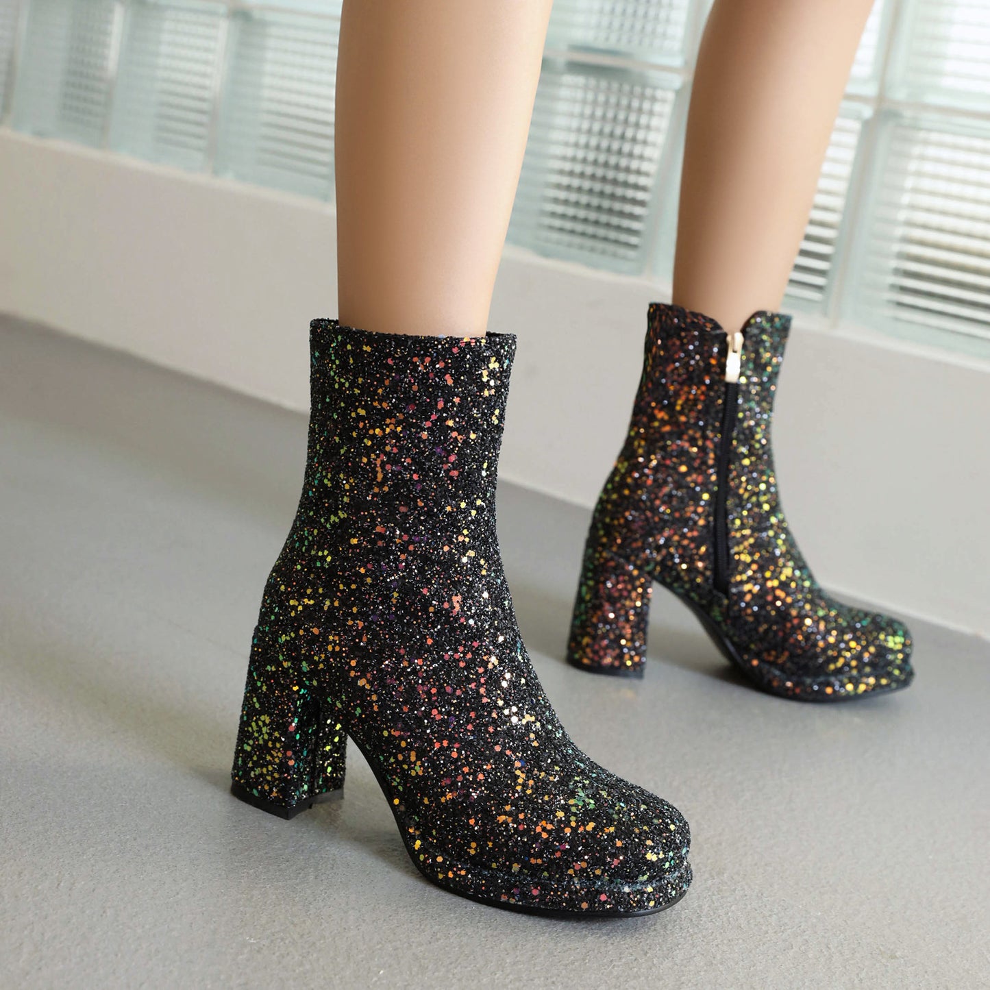 Sequined Chunky Heel Ankle Boots with Side Zipper and Thick High Heels