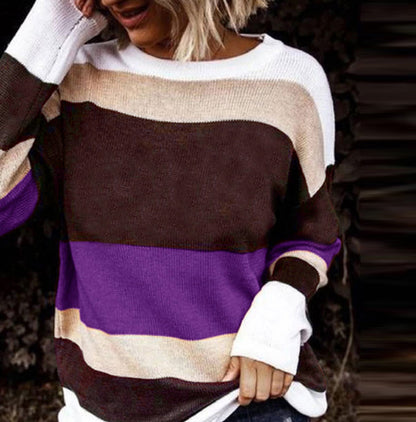 Women's Loose Crew Neck T-Shirt with Colorful Stripes