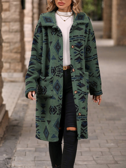 European And American Single-breasted Ethnic Print Plush Long Overcoat Outerwear