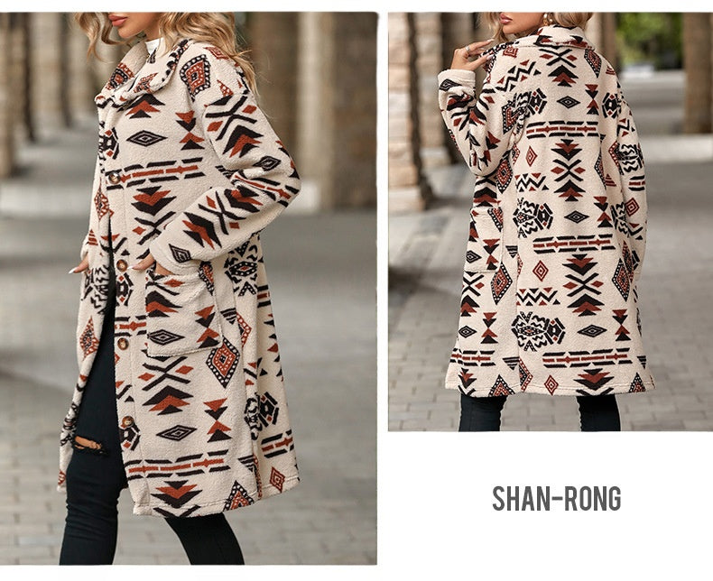 European And American Single-breasted Ethnic Print Plush Long Overcoat Outerwear