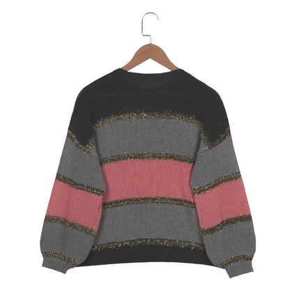 Colorful Women's Loose Sweater with Multicolor Stitching