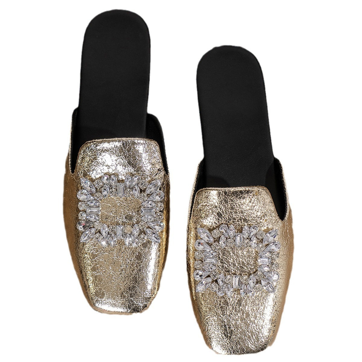 Flat Heel Silver Square Toe Rhinestone Semi-Slippers with Skirt