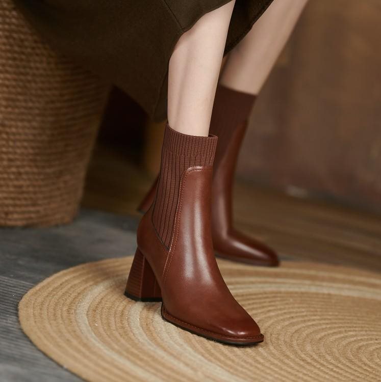 Square Toe Vintage French Chunky Heel Women's New Brown Knitted Stretch Socks High Heel Ankle Boots