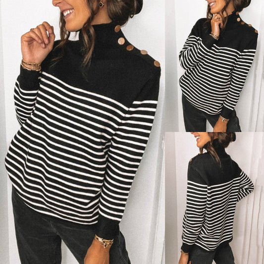 Striped High Neck Knitted Pullover Sweater for Women – Cozy & Warm