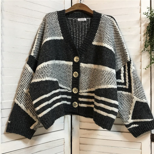 Striped V-Neck Knitted Cardigan with Colorblock Design