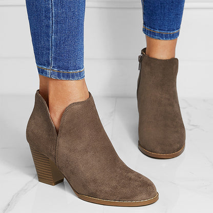 Women's V-Cut Side Zipper Suede Chunky Heel Ankle Boots with Round Toe