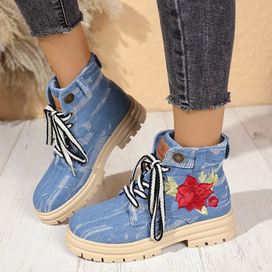 Women's Lace-Up Canvas Boots – Fashion Rose Embroidered, Round Toe, Thick Heel Short Boots