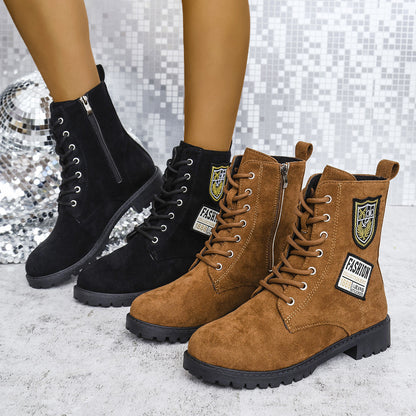 Fashion Lace-Up Chunky Heel Boots – Winter Round Toe Shoes for Women