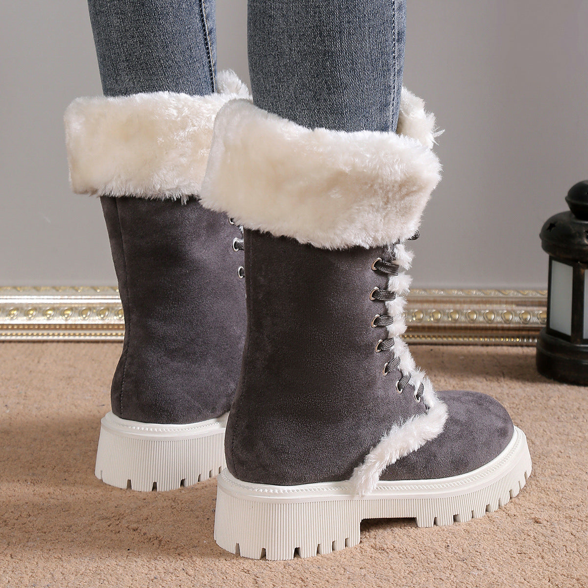 Winter Lace-Up Snow Boots for Women – Mid-Tube, Fleece Lined, Warm Chunky Heel Plush Boots