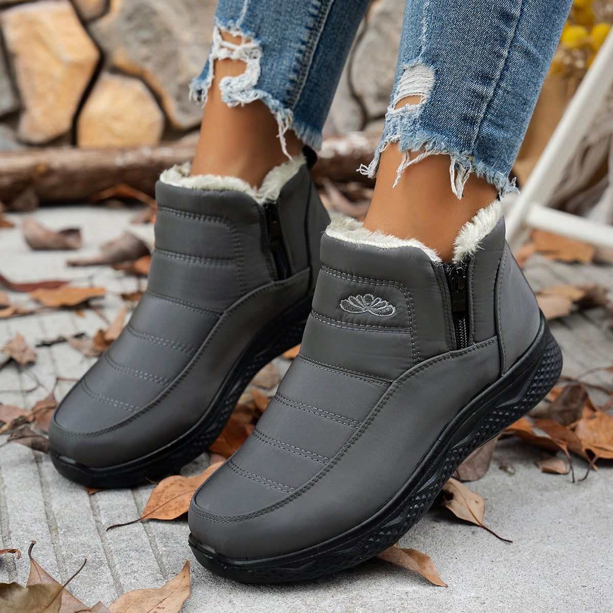 Women's Winter Snow Boots – Side Zipper, Casual Warm Plush Flat Shoes, Fleece-Lined Ankle Boots