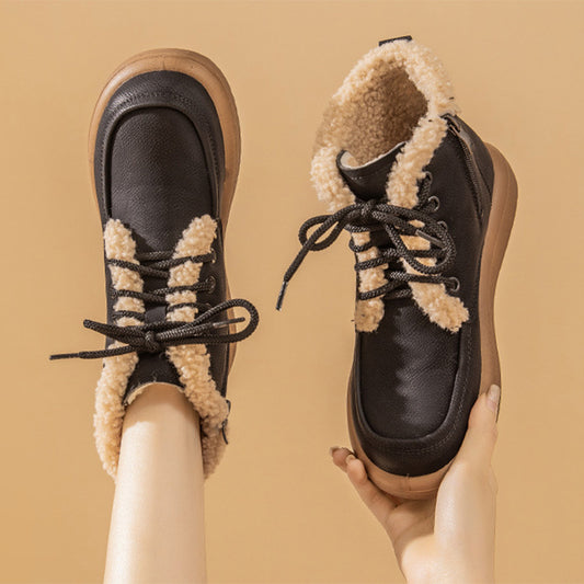 Women's Lace-Up Plush Snow Boots – Winter Warm Fleece Flat Shoes, Fashionable Casual Ankle Boots