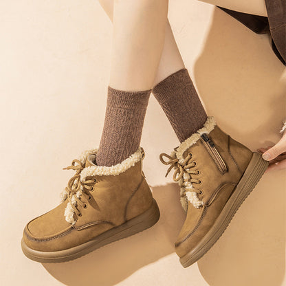 Women's Lace-Up Plush Snow Boots – Winter Warm Fleece Flat Shoes, Fashionable Casual Ankle Boots