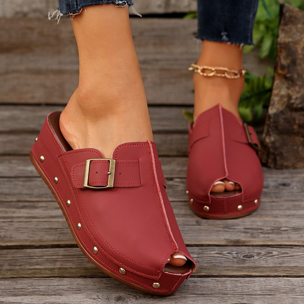 Summer Fish Mouth Wedge Sandals for Women with Rivet Buckle – Thick Bottom Non-Slip Outdoor Slippers