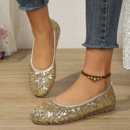 Round Head Shallow Mouth Sequin Flat Bottom Pumps for Women in Large Size