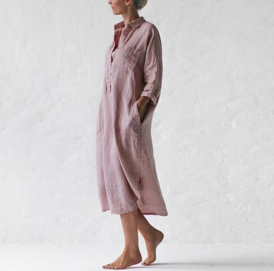 Women's Cotton And Linen Long Style With Medium Sleeves Below The Knee Slimming Irregular Dress