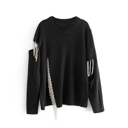 Rhinestone fringed openwork hem split loose long-sleeved sweater sweater