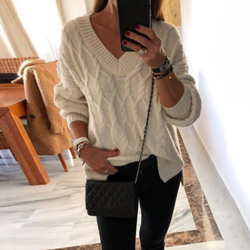 Stylish Twist V-Neck Split Pullover Sweater for Fashionable Appeal