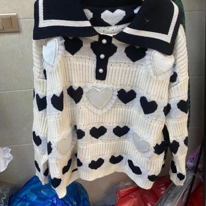 Printed Sweater with Doll Collar - Women's Fashion