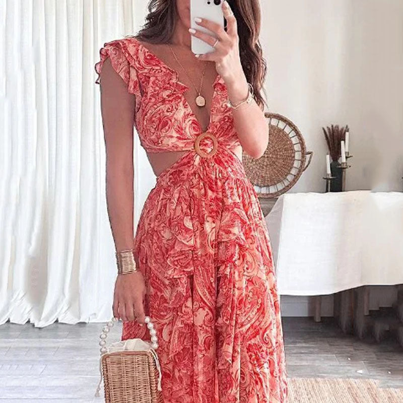 Fashion Print Lace Ruched Sleeve Dress