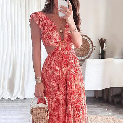 Fashion Print Lace Ruched Sleeve Dress