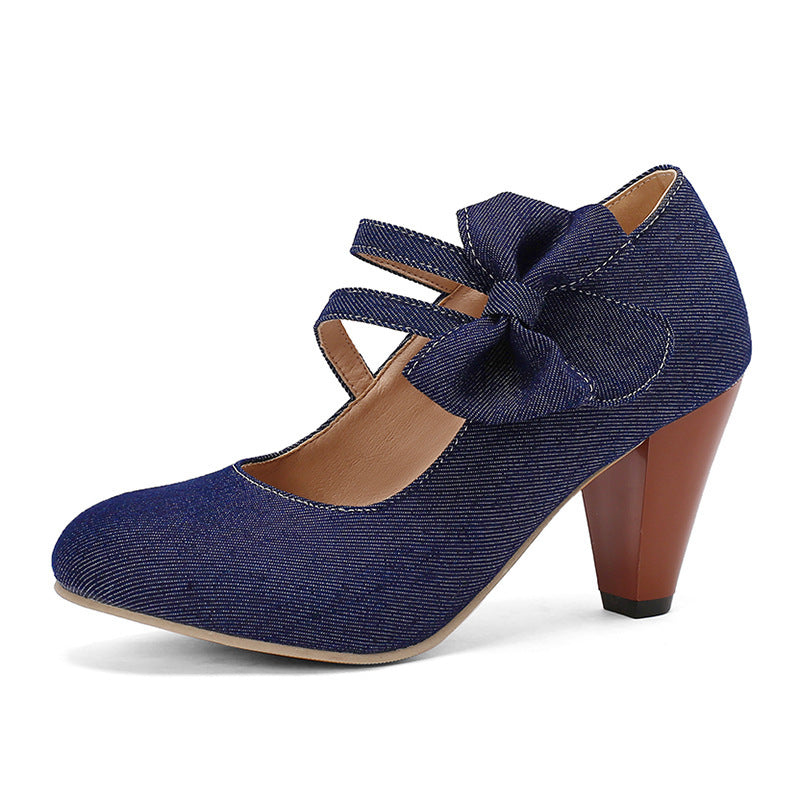 Round Toe High Heels with Denim Bow