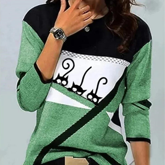 Striped Crew Neck Long Sleeves Printed Women's T-shirt