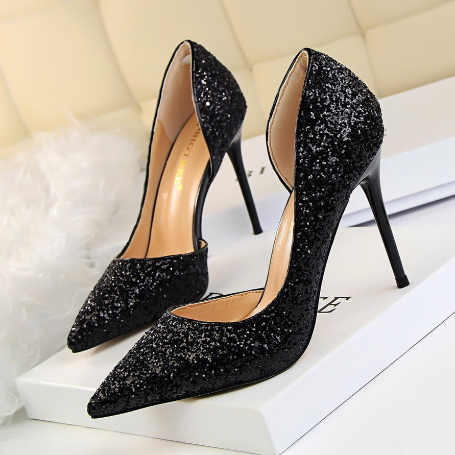 Skinny Women's Stiletto Heels with Pointed Toe, Side Hollow-out, and Sequin Accents