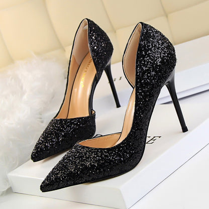 Skinny Women's Stiletto Heels with Pointed Toe, Side Hollow-out, and Sequin Accents