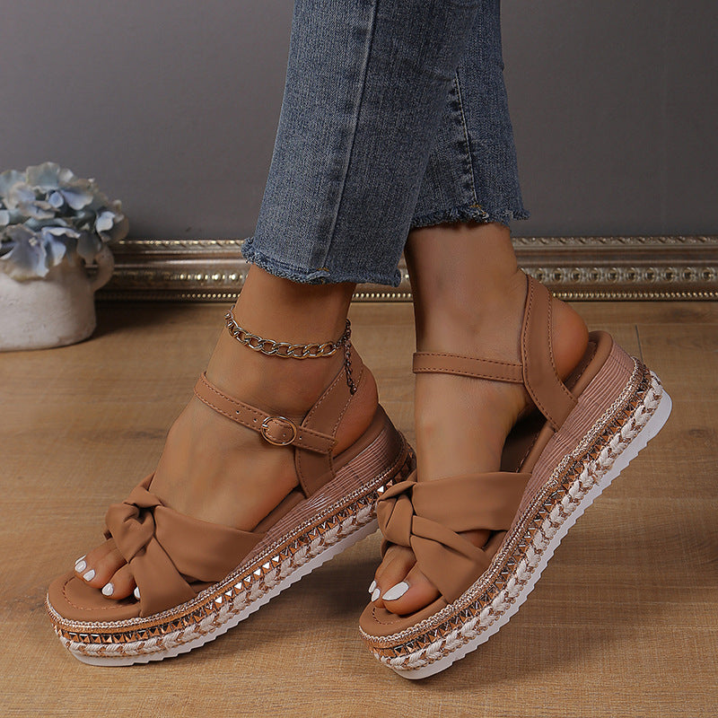 Fashion Flat Open Toe Sandals with Hemp Rope, Buckle, and Cross Bow