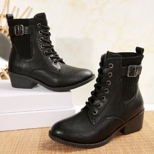 Women's Platform Wedge Ankle Boots with Pointed Toe, Lace-Up Design, Casual Black British Style