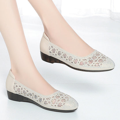 Women's Leather Low Heel Sandals with Perforated Design for Breathability