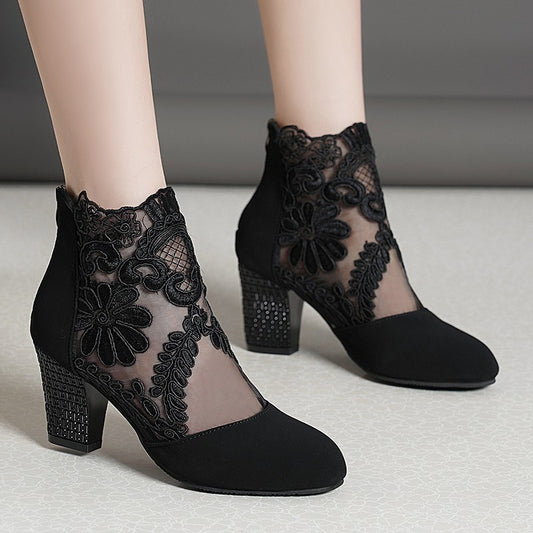 Women's Lace Mesh Chunky Heel Sandals - Stylish and Comfortable Footwear